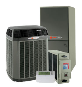 Trane commercial HVAC products grouped together on white background.