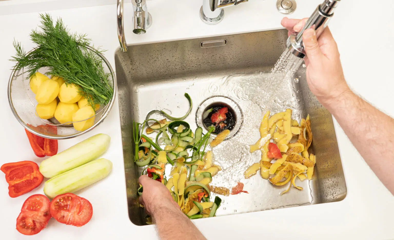 A person puts vegetable peels down the garbage disposal in a stainless steel kitchen sink, while running the faucet.