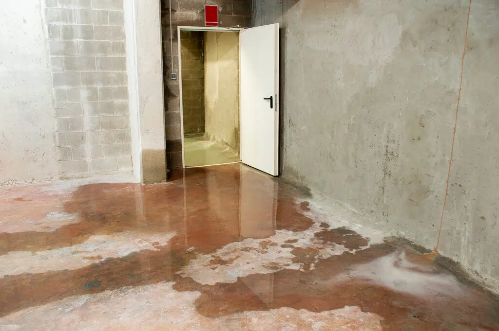 Water damage in unfinished basement caused by leak