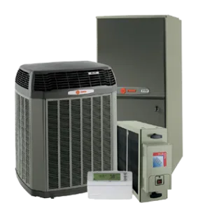 Trane commercial HVAC products grouped together on white background.